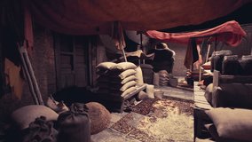 Colorful tarps hang above the bustling bazaar where various bags of goods are stacked. Vendors are engaged in trade while the smells of spices fill the air, creating a lively marketplace. - Powered by Shutterstock - Get 15% off with code: PIKWIZARD15