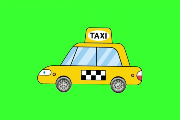 Taxi car running on green screen background, flat graphic animation