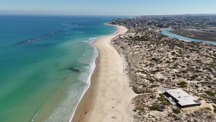 South Australia Beach – 4K Aerial Drone Footage Featuring Southport Beach, Port Noarlunga Jetty, Coastal Dunes, Coastal Town, and River Estuary in South Adelaide (Fleurieu Peninsula)