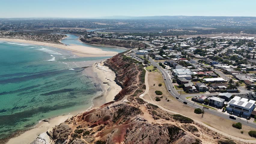 Port Noarlunga Beach, South Adelaide, South Australia – 4K Aerial Drone Footage Featuring Southport Beach, Onkaparinga River Mouth, Coastal Cliffs, Residential Areas Along Australian Coast