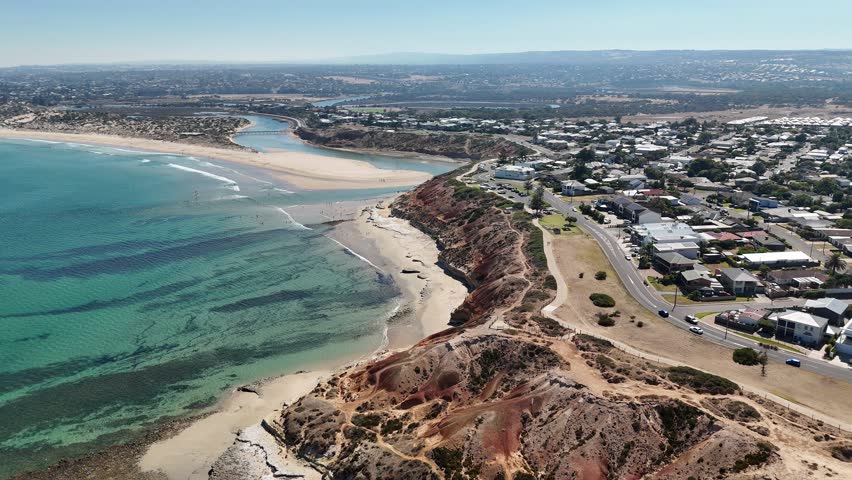 Port Noarlunga Beach, South Adelaide, South Australia – 4K Aerial Drone Footage Featuring Southport Beach, Onkaparinga River Mouth, Coastal Cliffs, Residential Areas Along Australian Coast