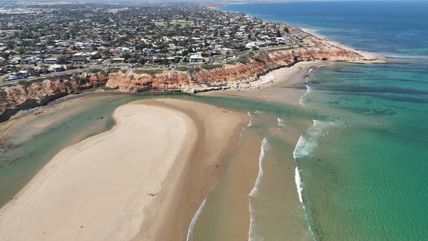 Onkaparinga River and Port Noarlunga Estuary – 4K Aerial Drone Footage of River Mouth, Estuarine Wetlands, Coastal Bridge, and Beach Town in South Adelaide, South Australia