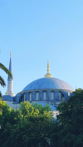 ISTANBUL, TURKEY - AUGUST 8, 2024: Blue Mosque (Kamiya Sultan). The Sultan Ahmet Mosque was built in 1616 by the Ottomans.Close to the Bosphorus and the Sea of Marmara. 4K