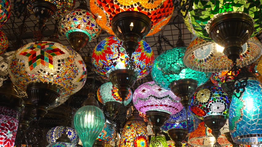 Lamps, Turkey Bazaar, Mosaic Glass: Colorful Turkish mosaic glass lamps displayed at a bustling bazaar. - Powered by Shutterstock - Get 15% off with code: PIKWIZARD15