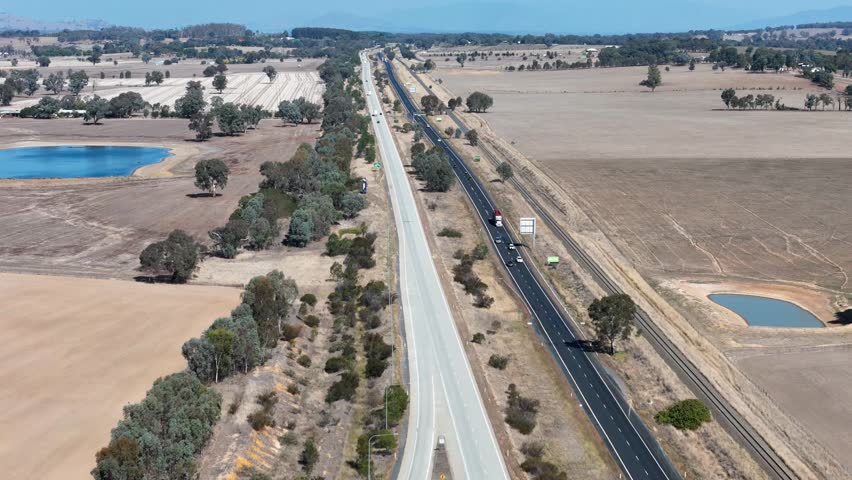 The Hume Freeway and railway line at Tabletop heading south towards Albury