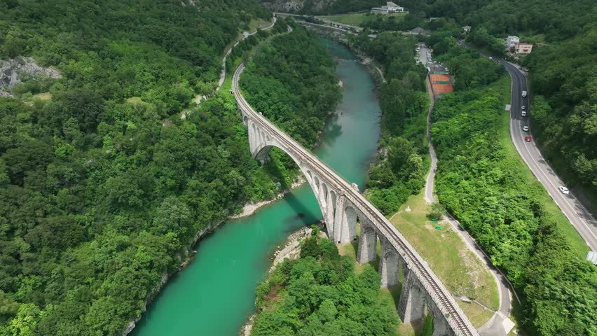 An aerial view of the Solkan Bridge (Solkanski most) over the Soca River near Nova Gorica in western Slovenia on a sunny day