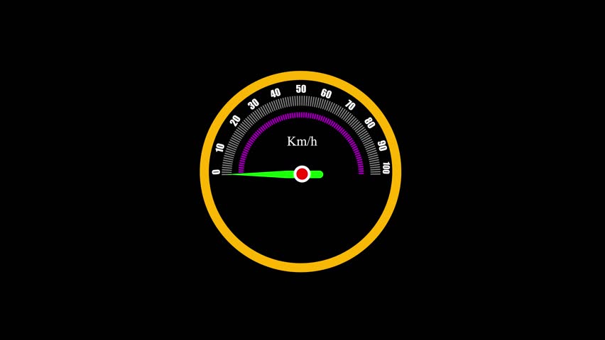 Speedometer animation displaying kilometers per hour on black background.Animated speedometer graphic showing kilometers per hour on black background.