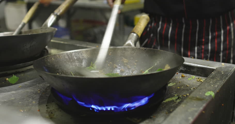 Cooking Pad Thai with Bean Sprouts in Wok Close Up Street Food Thailand