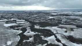 Meadow winter town Olomouc buildings wetland drone aerial landscape snow floodplain frost Plane loucky fog morning over nature snowy reserve, Litovelske Pomoravi icy protected landscape, field Europe - Powered by Shutterstock - Get 15% off with code: PIKWIZARD15