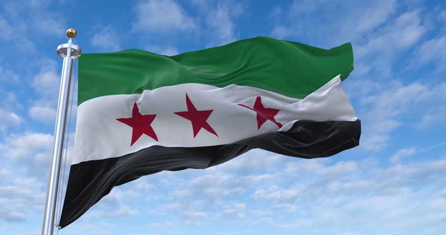 Syria flag with flagpole waving in wind, rolling clouds background looping, 4K video (Perfect Loop)
