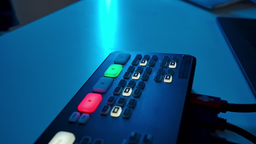 Men hand switches buttons on the recording console. Professional video production studio with multiple monitors, cameras and controls used for live broadcasting and filming. Slow motion.
