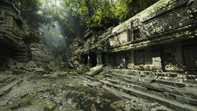 Sunlight filters through the dense canopy of trees, illuminating the weathered stones of ancient temple ruins in Cambodia. The site exudes a sense of history and serenity amidst natures embrace. - Powered by Shutterstock - Get 15% off with code: PIKWIZARD15