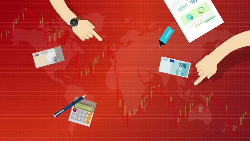 The red crashing market volatility of stock market trading candlesticks going down downtrend recession market transaction money stock exchange