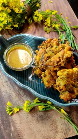 Mustard Flower Fritter with Spicy Indian Mustard Sauce. Snack Ideas.