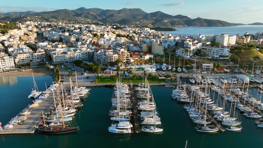 Agios Nikolaos coastal city skyline on the Greek island of Crete, Aerial view