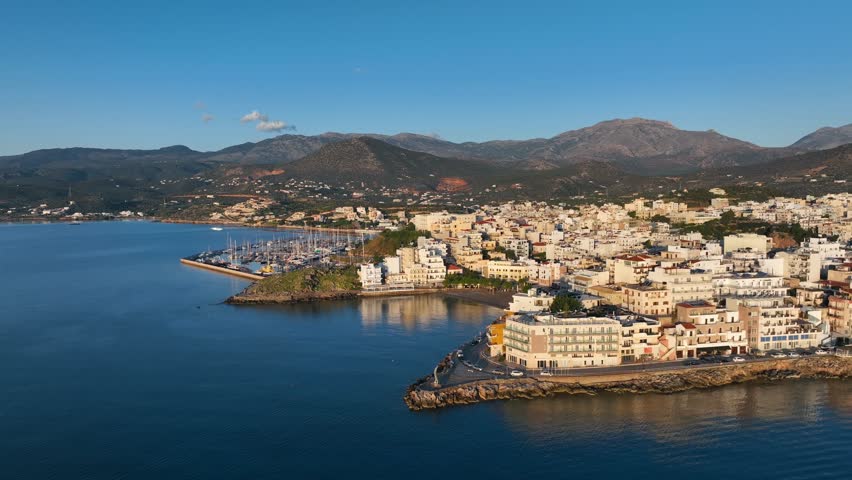 Agios Nikolaos coastal city skyline on the Greek island of Crete, Aerial view