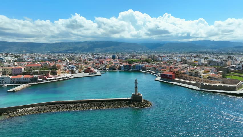 Aerial View Of Chania Old Venetian Port In The Island Of Crete, Greece