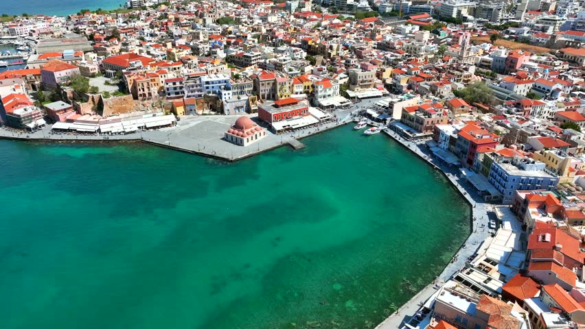 Aerial View Of Chania Old Venetian Port In The Island Of Crete, Greece