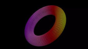 A mesmerizing video featuring a spinning holographic wireframe torus with cascading rainbow effects on a dark background, highlighting red, blue, and orange colors. - Powered by Shutterstock - Get 15% off with code: PIKWIZARD15