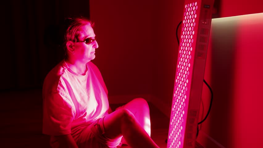 Senior white woman with sunglasses receiving red light therapy on her leg while seated indoors, illuminated by a vertical LED panel in a red-lit room