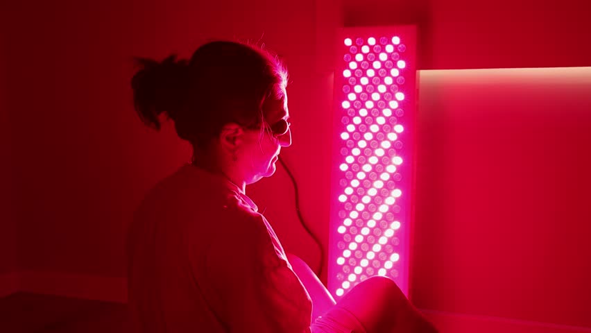 Senior white woman wearing protective glasses sits near a red light therapy panel, illuminated by intense LED light in a home setting
