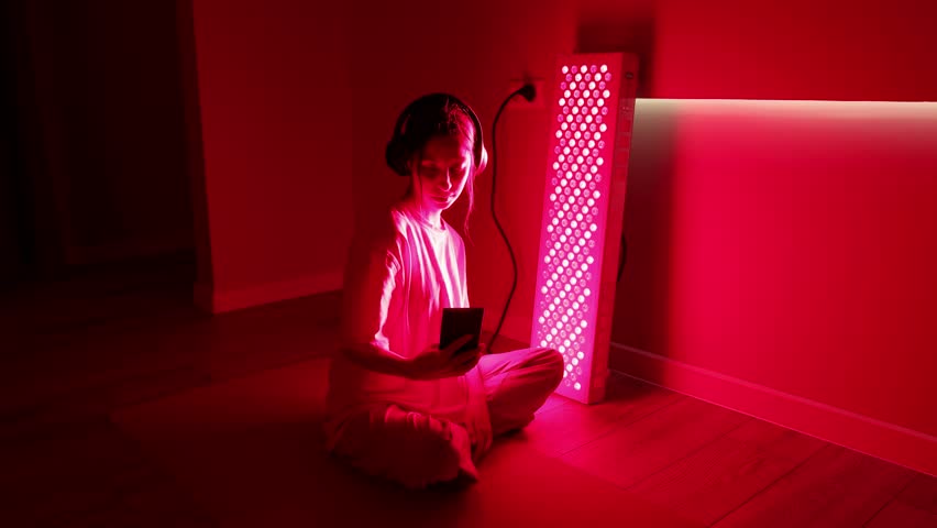 Young white woman in casual clothes sits cross-legged near a red light therapy panel, wearing headphones and using her smartphone at home
