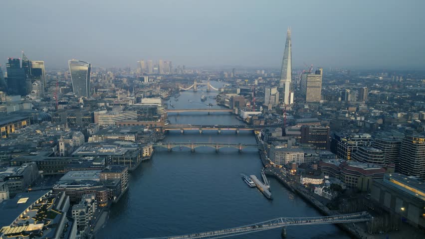 River Thames over Bridges aerial shot London UK