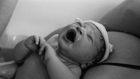 Monochrome newborn baby crying after birth, authentic real life childbirth moment of infant crying for the first time during the first minutes of life, black and white - Powered by Shutterstock - Get 15% off with code: PIKWIZARD15