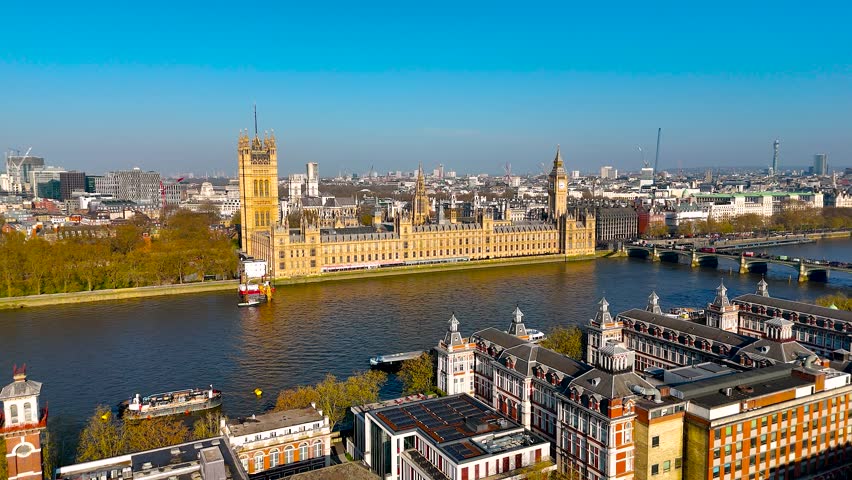 Aerial View of Houses of Parliament and River Thames in London on a Clear Day