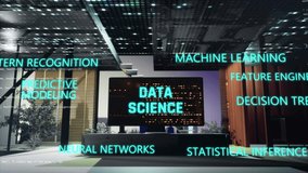 Text data science in futuristic television screen. Animation with words in smart home. phrases like machine learning, feature engineering or neural network - Powered by Shutterstock - Get 15% off with code: PIKWIZARD15