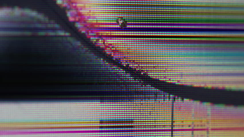 Glitch display. Broken television. Display defocused defect overlay crack in glass digital surface with glossy edge. Disruption of image expansion black split.