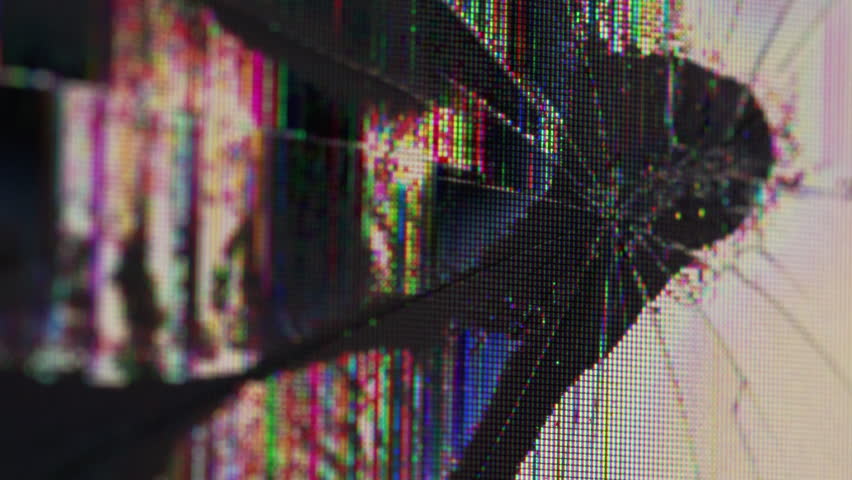 Display scratch. Monitor defect. Changing flickering broken pixels on modern TV surface. Deformation of broadcasting defocused glitch image from impact.