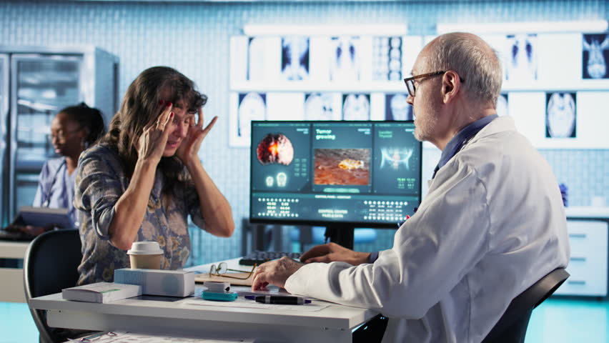 Senior woman at checkup deals with a painful headache and asks for advice at medical facility, recommending a treatment to relieve pain and ease the inflammation. Health insurance. Camera A.