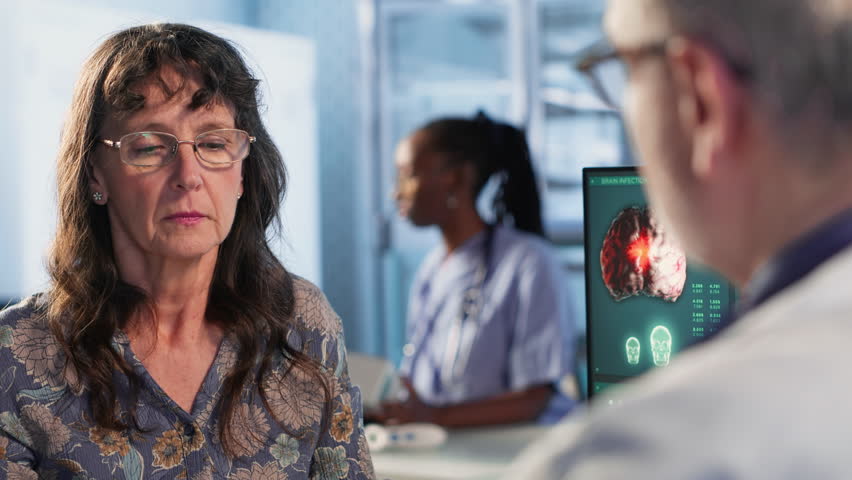 Old woman struggling with a severe migraine and asking for medicine, doctor putting up a recovery plan with strong painkillers treatment to relieve pain at checkup visit. Camera B.