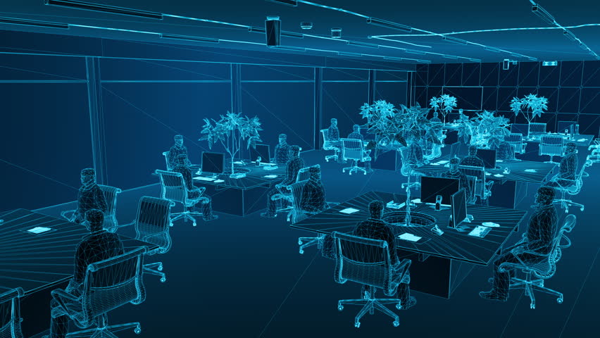 Wireframe of an office interior with people sitting in fron ot large desks. Geometry blue lines highlight a large interior of a corporate office with people working in teams.