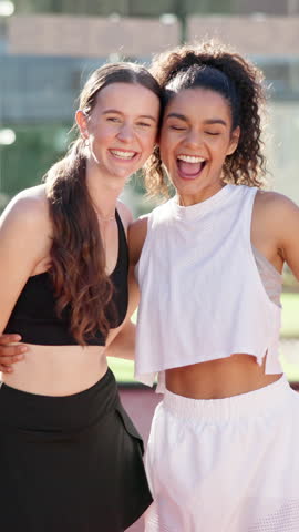 Sports, tennis court and friends with hug, face and peace sign for match, game or competition. Portrait, bonding and women with athlete, smile and happy for exercise and wellness for training workout