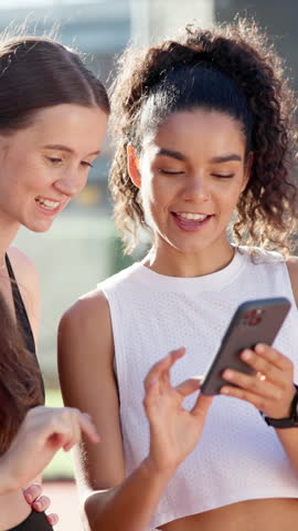 Laugh, phone and friends with tennis court for match, game or competition joke. Social media, bonding and women athlete, smile and happy for exercise, online humor or mobile app meme for practice
