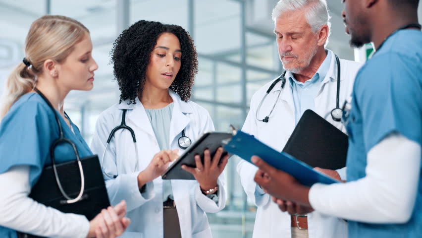 Healthcare, planning and doctors in meeting with tablet for talking, virus treatment results or clinic. Clipboard, teamwork and people in discussion for medical advice, schedule and hospital research - Powered by Shutterstock - Get 15% off with code: PIKWIZARD15