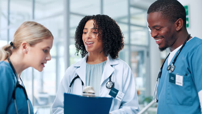 Healthcare, doctors or happy nurses high five in hospital for good news, goals or teamwork achievement. Medical results, collaboration or people celebrate for virus cure discovery or health success