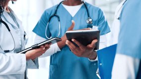 Surgeon, hands or doctors in meeting with tablet, planning or health treatment results in group. Nurses, teamwork or people in discussion for medical advice, hospital schedule or diagnosis research - Powered by Shutterstock - Get 15% off with code: PIKWIZARD15