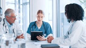 Doctor, nurse and tablet with meeting at hospital for healthcare results, case review and treatment analysis. Medical staff, teamwork and people with online schedule for practice management in clinic - Powered by Shutterstock - Get 15% off with code: PIKWIZARD15