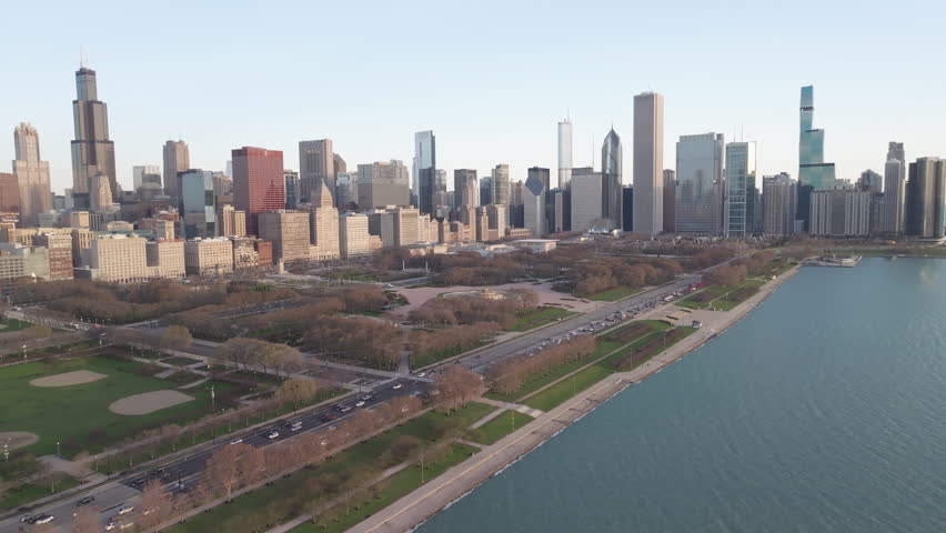 Aerial view of Chicago and Lake Michigan at sunrise