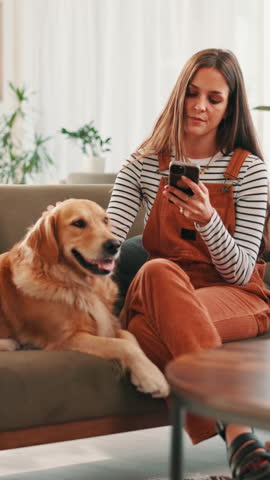 Sofa, woman and dog with smile for mobile, online research and application for pet insurance. Home, animal and golden retriever with female person for smartphone, social media and relax in lounge