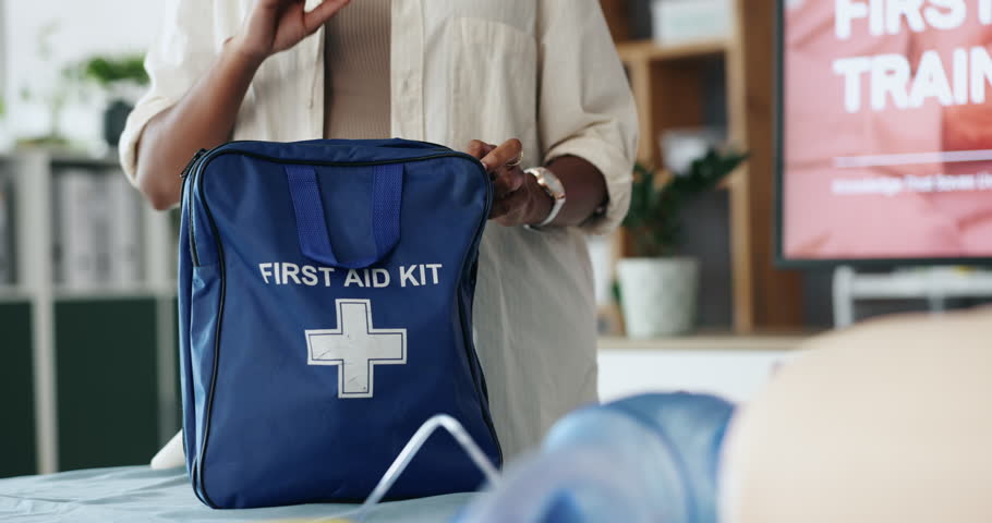 Hands, woman and bag for first aid training for rescue safety, demonstration lesson and advice. Person, explaining and injury kit for medical emergency, learning procedure and process for life saving