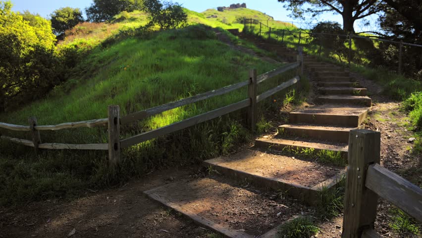 Sunlit Steps Leading Uphill On Hiking Trail At Corona Heights Park In California, USA. static shot