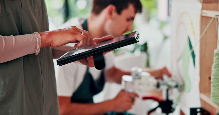 Fabric art, hands and tablet for online connection in workshop, tool and weave pattern in material. Design business, artist and learning to tuft for fashion, working and wool on creative project