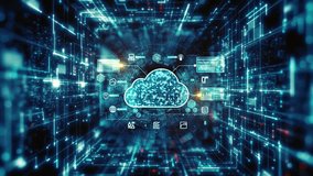 High-tech cloud computing interface with data icons analytics and digital data connections in a glowing digital network tunnel, ideal for technology data network environment background - Powered by Shutterstock - Get 15% off with code: PIKWIZARD15