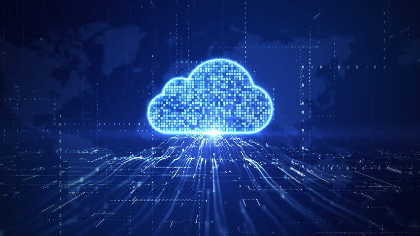 Futuristic digital cloud data transfer concept with binary code and flowing network lines, ideal for tech, cloud computing, and data storage visuals. Technology digital data background