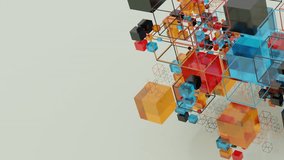 Complex arrangement of transparent and solid cubes in vibrant red, blue, and orange tones, forming a modern 3D geometric composition on a light background. - Powered by Shutterstock - Get 15% off with code: PIKWIZARD15