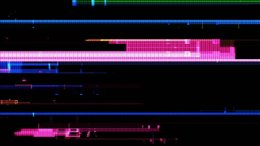 Abstract image with colorful horizontal bars in pink, orange, yellow, and blue, textured with vertical lines, resembling a tv signal noise texture